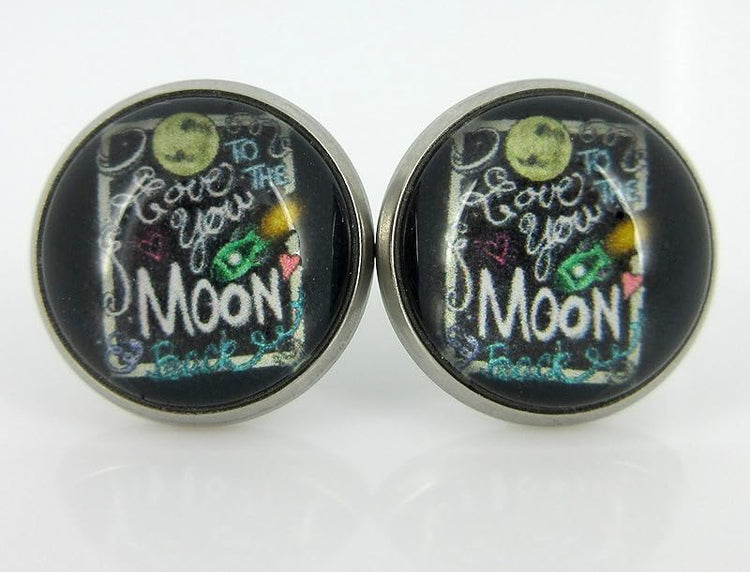 Summerfield Collection Stainless Steel I Love You to the Moon and Back Print Glass Stud Earrings 12mm (Chalk Board)