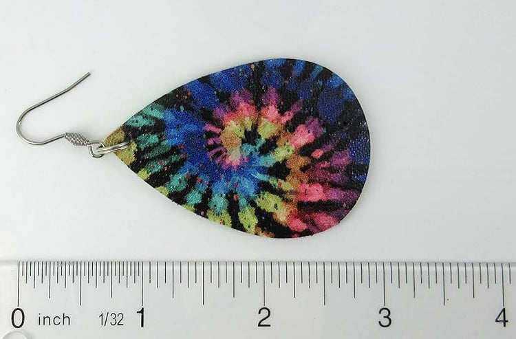 Summerfield Collection Tie Dye Faux Leather Large Teardrop Dangle Earrings Stainless Steel Black Rainbow