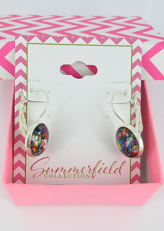 Summerfield Collection Silver-tone Black and Multi-Color Confetti Glitter Glass Drop Earrings Leverback Hand-painted
