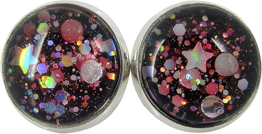 Summerfield Collection Silver-tone Stardust Glitter Glass Galaxy Stud Earrings Hand-painted 12mm