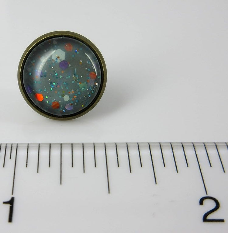 Summerfield Collection Trio Antiqued Gold-tone Stud Earrings Blue Orange Glitter Glass Clear AB Faux Druzy Stone Set 12mm