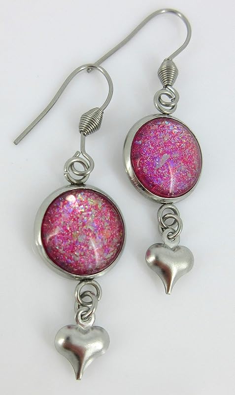 Summerfield Collection Stainless Steel Pink and Iridescent Glitter Flake Glass Heart Charm Dangle Earrings
