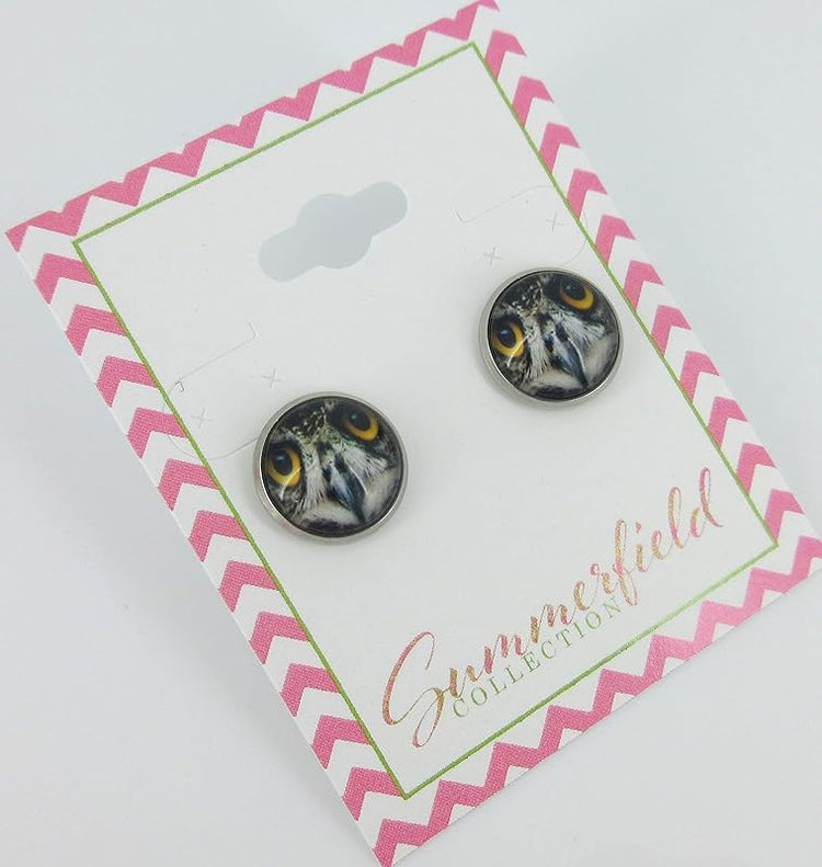 Summerfield Collection Stainless Steel Owl Face Print Glass Stud Earrings 12mm