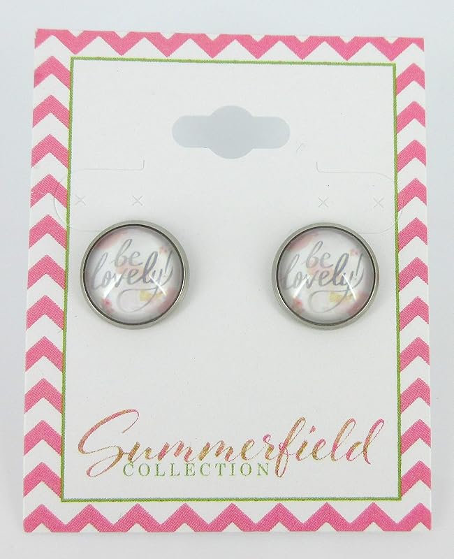 Summerfield Collection Stainless Steel Be Lovely Print Glass Stud Earrings 12mm