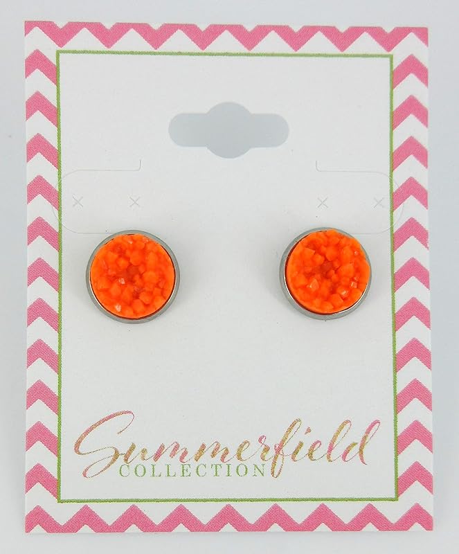 Summerfield Collection Stainless Steel Matte Faux Druzy Stone Stud Earrings 10mm (Orange)