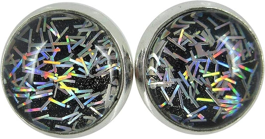 Summerfield Collection Silver-tone Black and Holographic Bar Glitter Glass Stud Earrings Hand-painted 12mm