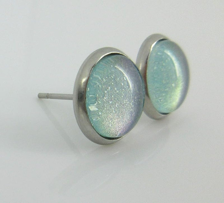 Summerfield Collection Stainless Steel Light Aqua Mint Glitter Glass Stud Earrings Hand-painted 10mm