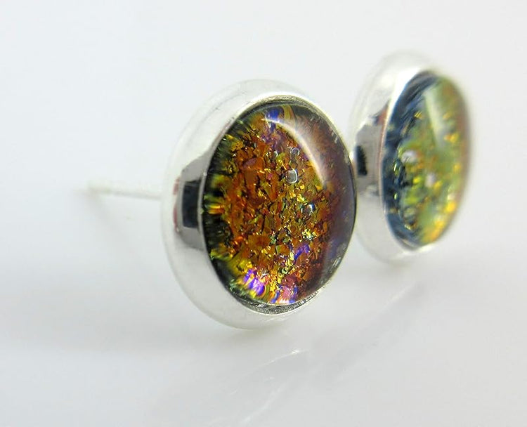 Summerfield Collection Silver-tone Bronze Blue Purple Glitter Glass Stud Earrings Hand-painted 8mm