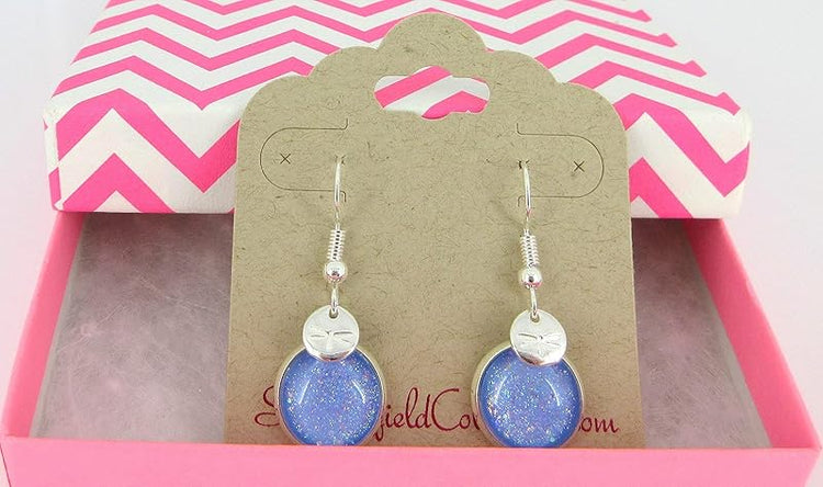 Summerfield Collection Silver-tone Blue Iridescent Glitter Glass Dragonfly Charm Dangle Earrings Hand-painted