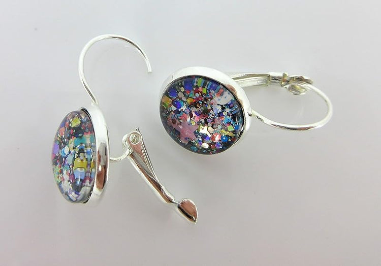 Summerfield Collection Silver-tone Black and Multi-Color Confetti Glitter Glass Drop Earrings Leverback Hand-painted