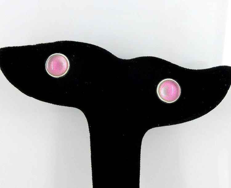 Summerfield Collection Silver-tone Hot Pink Color Shift Glitter Glass Stud Earrings Hand-painted 8mm