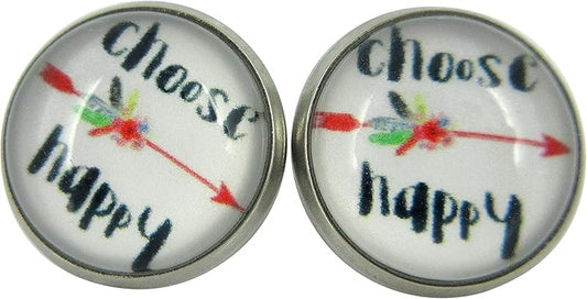 Summerfield Collection Stainless Steel Choose Happy Print Glass Stud Earrings 12mm