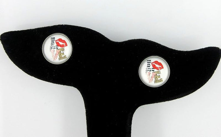 Summerfield Collection Stainless Steel Love Print Glass Stud Earrings 12mm White Animal Red Lips