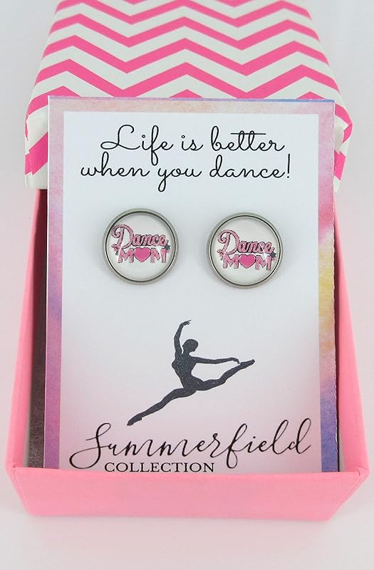 Summerfield Collection Stainless Steel Dance Mom Print Glass Stud Earrings 12mm (White and Pink w/Heart)
