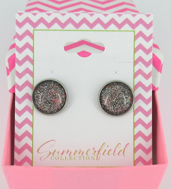 Summerfield Collection Stainless Steel Black with Holographic and Red Glitter Flakes Glass Stud Earrings Hand-painted 12mm