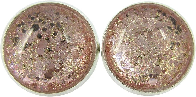 Summerfield Collection Silver-tone Shell Pink and Gold Shimmer Glitter Glass Stud Earrings Hand-painted 12mm