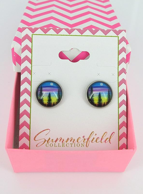 Summerfield Collection Stainless Steel Forest Rainbow Sunset Print Glass Stud Earrings 12mm