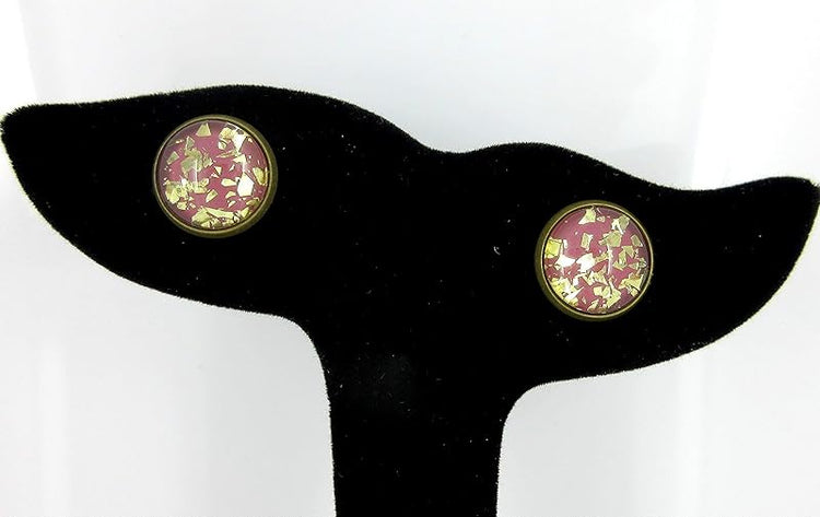 Summerfield Collection Antiqued Gold-tone Plum Berry Glitter Glass Stud Earrings 12mm Hand-painted