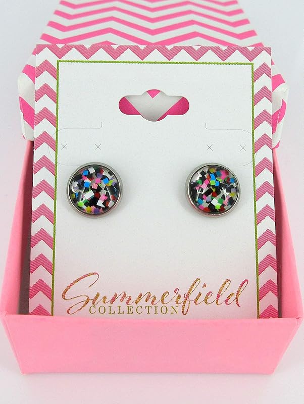Summerfield Collection Stainless Steel Pixel Party Glitter Glass Stud Earrings Hand-painted 10mm