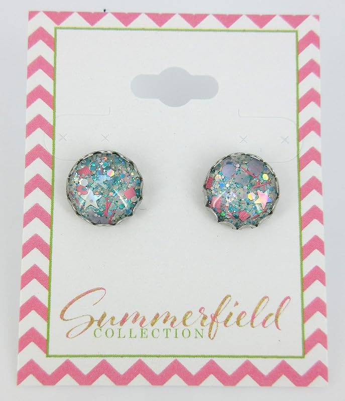 Summerfield Collection Stainless Steel Pearly Silver Lilac Purple Aqua Blue and Pink Glitter Glass Stud Earrings Hand-painted 12mm