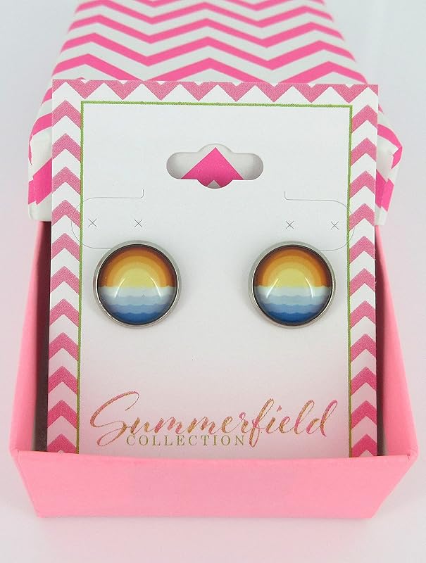 Summerfield Collection Stainless Steel Vintage Sunset Horizon and Ocean Waves Print Glass Stud Earrings 12mm