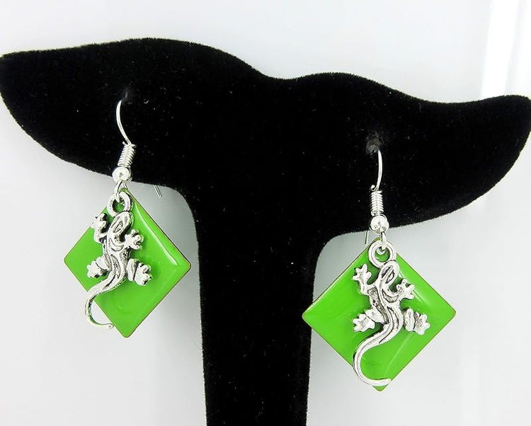 Summerfield Collection Silver-tone Green Enamel Gecko Lizard Charm Dangle Earrings