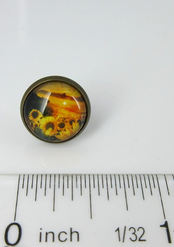 Summerfield Collection Antiqued Gold-tone Sunset Sunflower Print Glass Stud Earrings 12mm