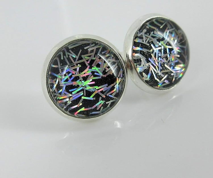 Summerfield Collection Silver-tone Black and Holographic Bar Glitter Glass Stud Earrings Hand-painted 12mm
