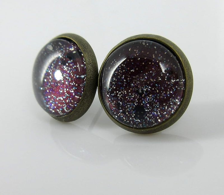 Summerfield Collection Antiqued Gold-tone Black Hole Glitter Glass Galaxy Stud Earrings Hand-painted 12mm