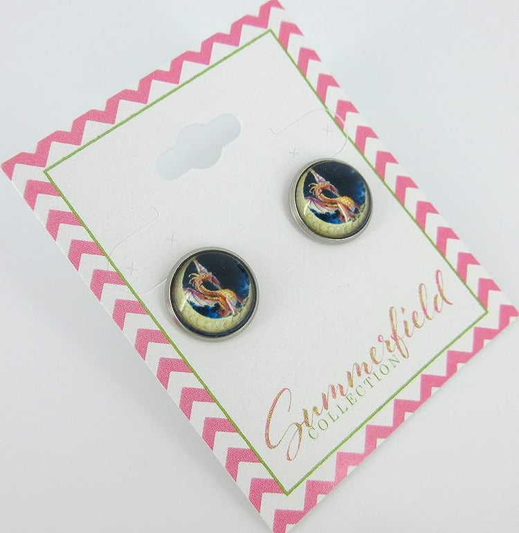 Summerfield Collection Stainless Steel Orange Dragon on Moon Print Glass Stud Earrings 12mm