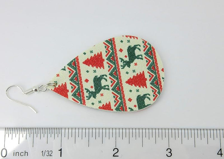 Summerfield Collection White Red Green Christmas Print Faux Leather Large Teardrop Dangle Earrings