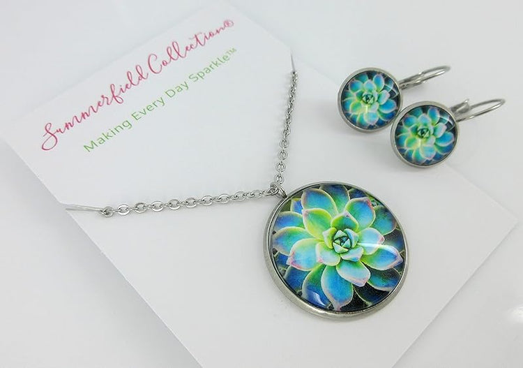 Summerfield Collection Stainless Steel Succulent Printed Glass Necklace Drop Earrings Set (Blue/Green)