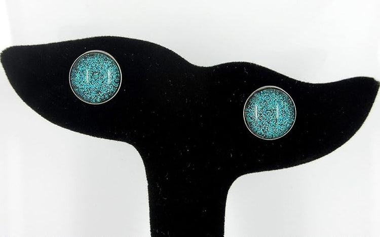 Summerfield Collection Hematite-tone Teal Green and Black Glitter Glass Stud Earrings Hand-painted 12mm