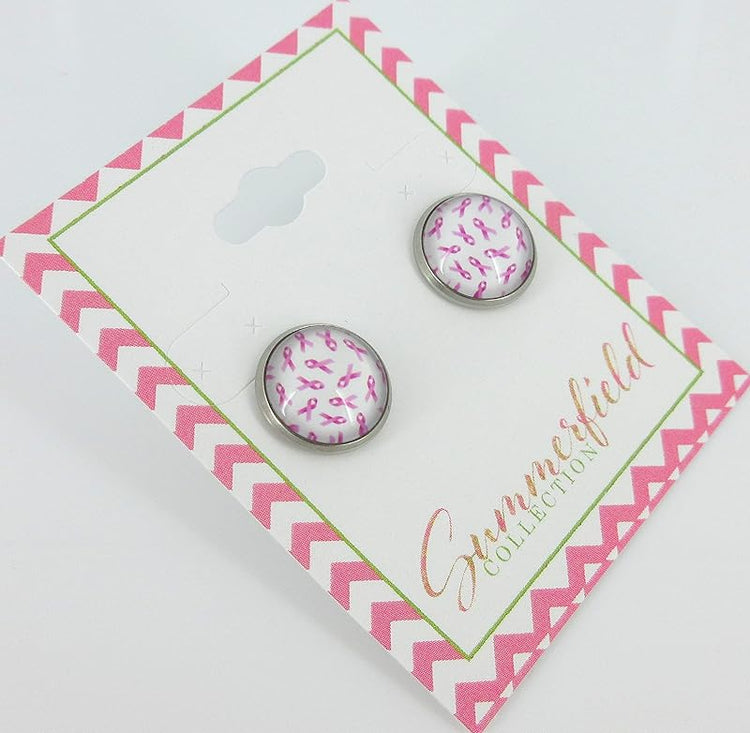 Summerfield Collection Stainless Steel Pink Ribbon Breast Cancer Awareness Printed Glass Stud Earrings 12mm White