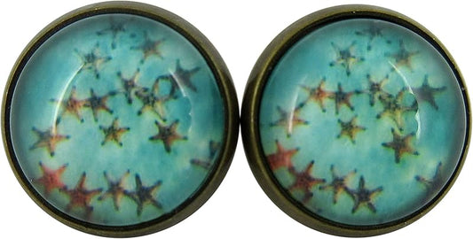 Summerfield Collection Antiqued Gold-tone Sea and Starfish Print Glass Stud Earrings 12mm