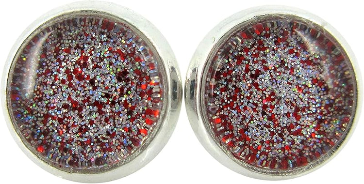 Summerfield Collection Silver-tone Red and Holographic Glitter Glass Stud Earrings Hand-painted 8mm