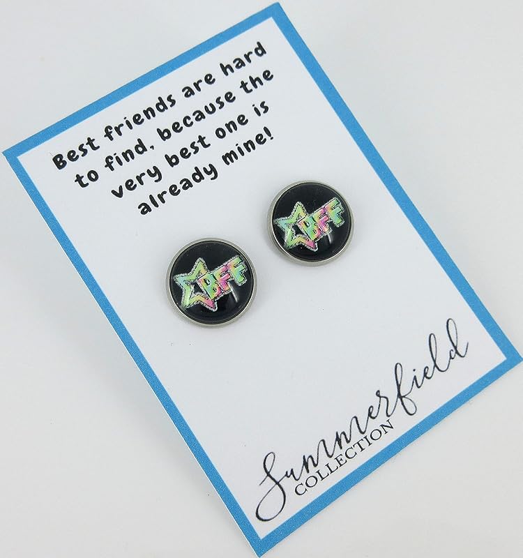 Summerfield Collection Stainless Steel Best Friends Print Glass Stud Earrings 12mm (Neon Star)