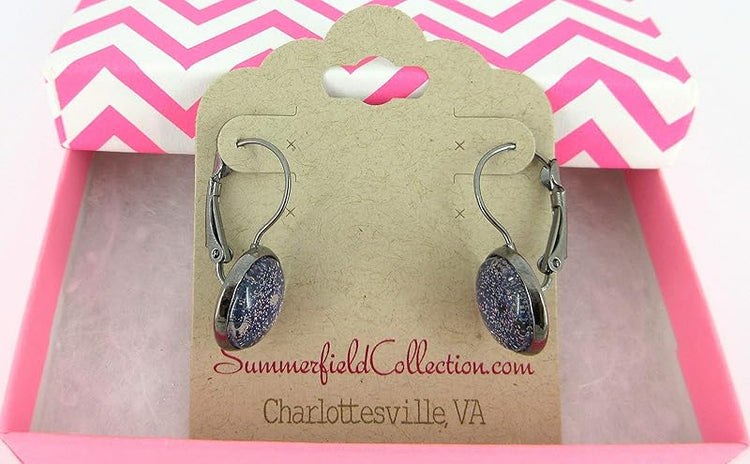 Summerfield Collection Hematite-tone Blue Silver Black Glitter Glass Galaxy Lever-back Drop Earrings Hand-painted