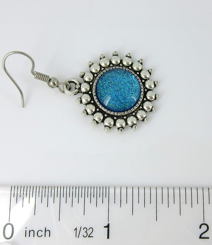 Summerfield Collection Antiqued Silver-tone Blue Green Glitter Glass Dangle Earrings Hand-painted