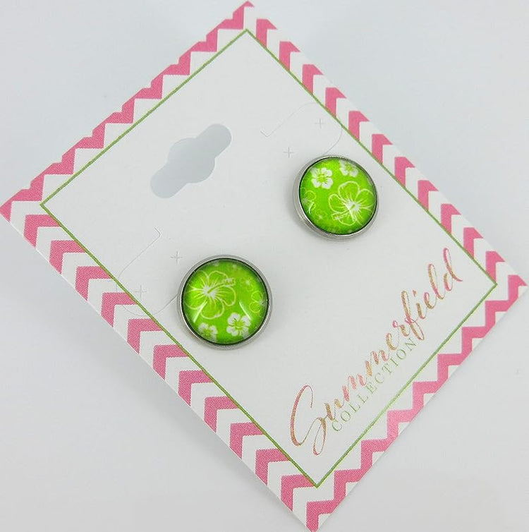 Summerfield Collection Stainless Steel Hibiscus Flower Print Glass Stud Earrings 12mm Hawaiian (Lime Green)