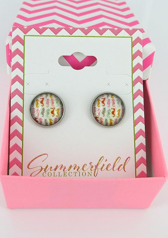 Summerfield Collection Stainless Steel Colorful Seahorse Print Glass Stud Earrings 12mm