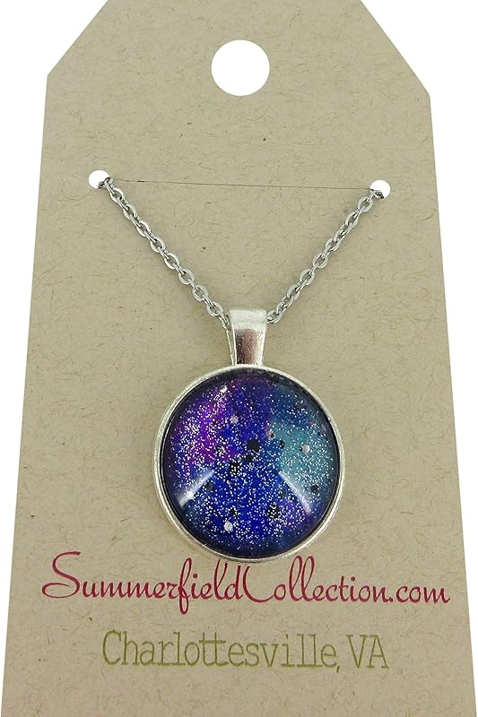 Summerfield Collection Silver-tone Hand-painted Glitter Glass Galaxy Pendant Necklace 20" Chain Stainless Steel