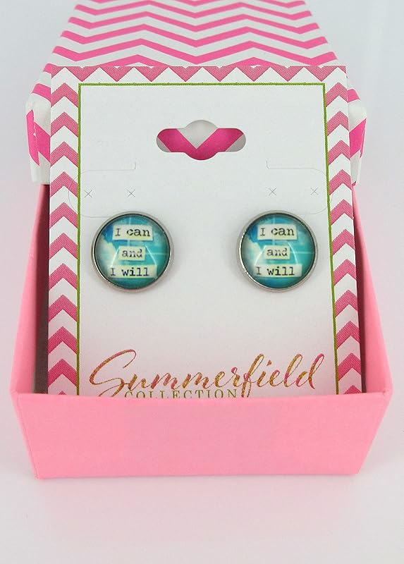 Summerfield Collection Stainless Steel I Can and I Will Print Glass Stud Earrings 12mm Blue