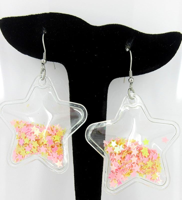 Summerfield Collection Confetti Glitter Shaker Large Star Dangle Earrings Stainless Steel (Pink/Yellow)