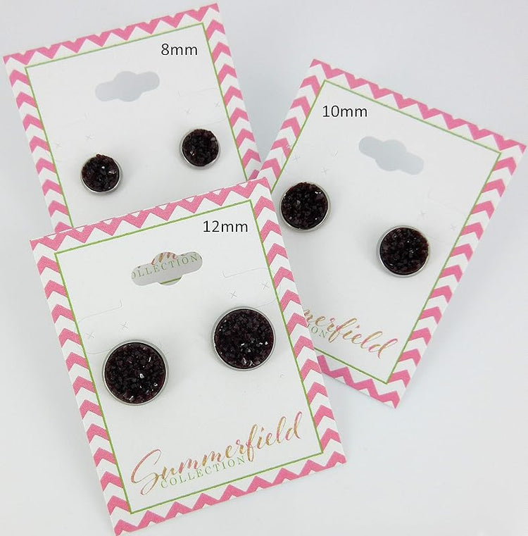 Summerfield Collection Stainless Steel Matte Faux Druzy Stone Stud Earrings 8mm (Black Cherry)