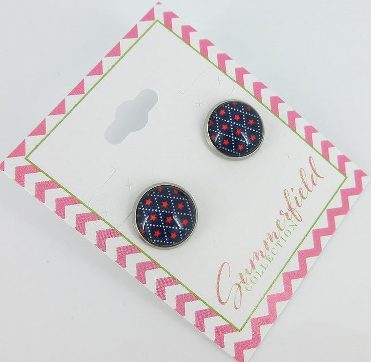 Stainless Steel Patriotic Stars Print Glass Stud Earrings 12mm (Navy Blue)