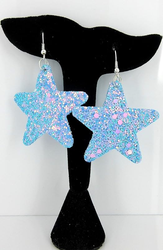 Summerfield Collection Glitter Faux Leather Large Star Dangle Earrings (Sky Blue and AB)