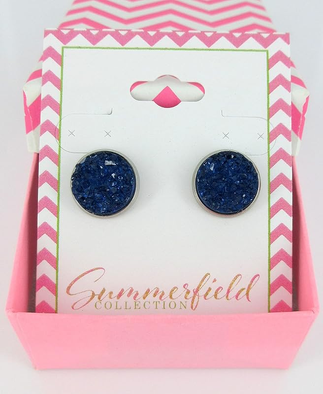 Summerfield Collection Stainless Steel Faux Druzy Stone Stud Earrings 12mm (Navy Blue)