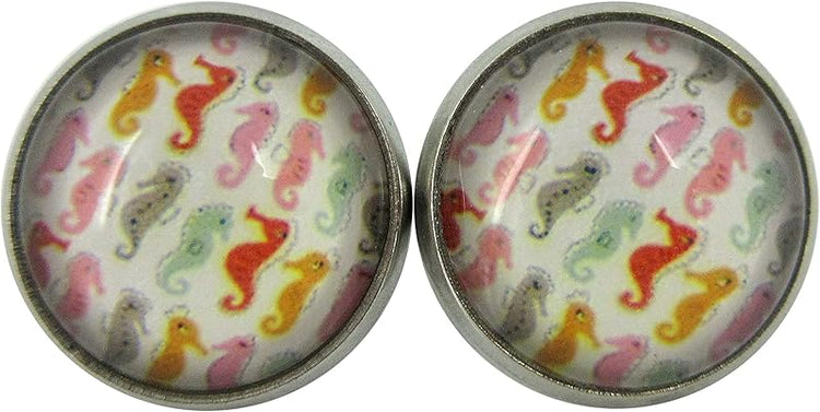 Summerfield Collection Stainless Steel Colorful Seahorse Print Glass Stud Earrings 12mm