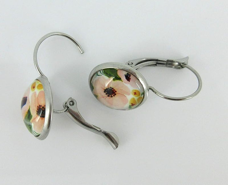 Summerfield Collection Stainless Steel Pink Flower Printed Glass Lever-back Drop Earrings 12mm